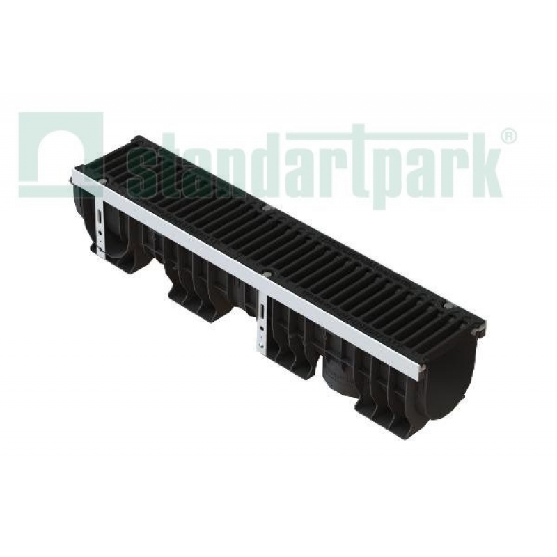 Лоток водоотводный пластиковый, с чугунной решеткой, Standartpark серия PolyMax Drive, DN 150, D400