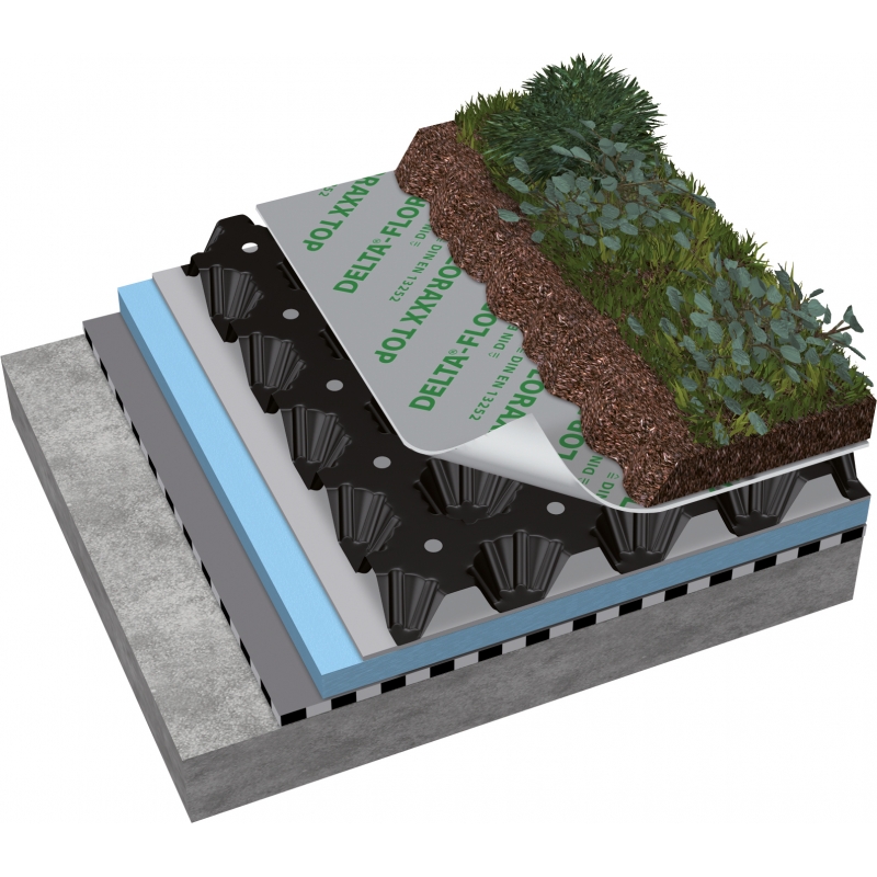 DELTA-FLORAXX TOP Дренажная мембрана высотой 20 мм с перфорацией и геотекстилем для зелёных крыш. Отвод избыточной воды и накопление влаги для подпитки растений.