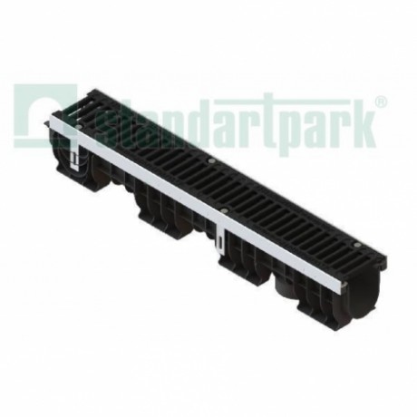 Лоток водоотводный пластиковый, с чугунной решеткой, Standartpark серия PolyMax Drive, DN 100, Н170